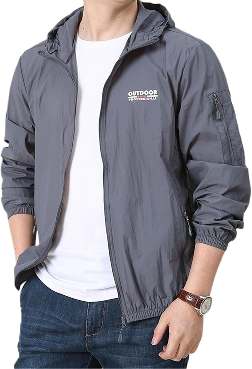 Men's Hooded Sun Protection Jacket Lightweight Quick Dry Nylon for Hiking Fishing Camping Spring Fall