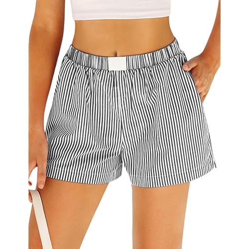 Marvmys Womens Boxer Shorts Cotton Plaid Gingham Shorts Summer Elastic Waist Pajama Buttoms with Pockets Medium Black Stripe