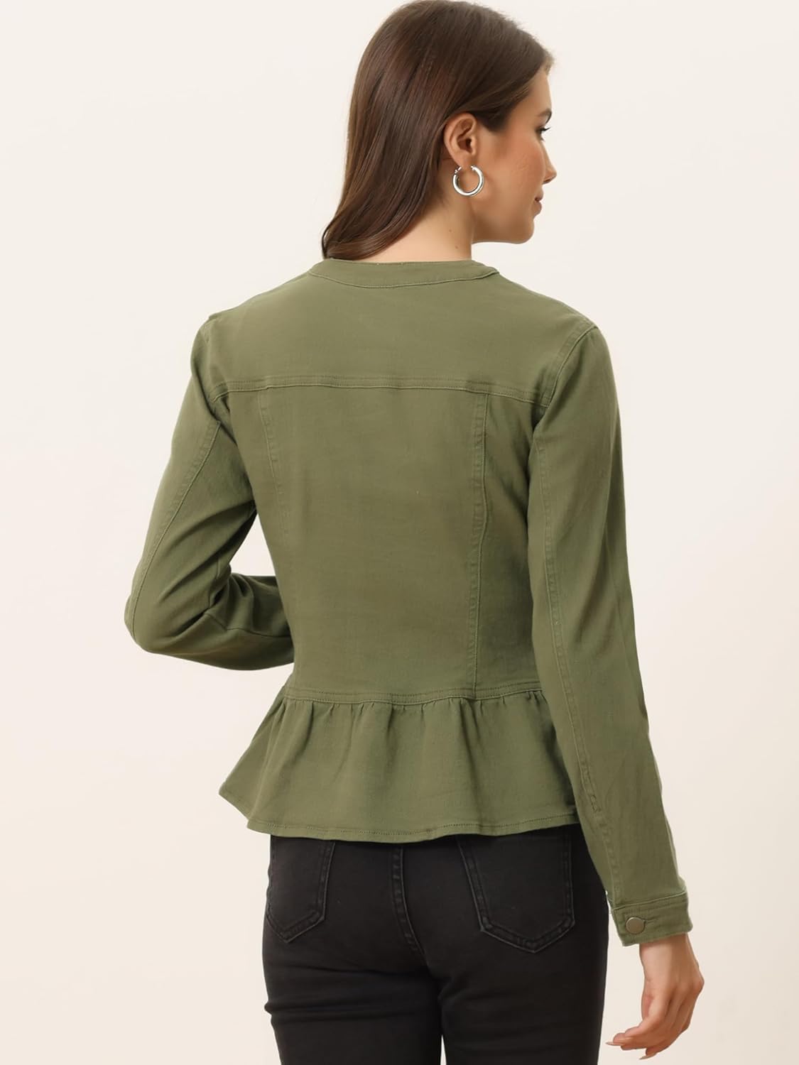 Allegra K Women's Peplum Denim Jackets Collarless Round Neck Button Down Cropped Ruffle Hem Jacket - Image 4