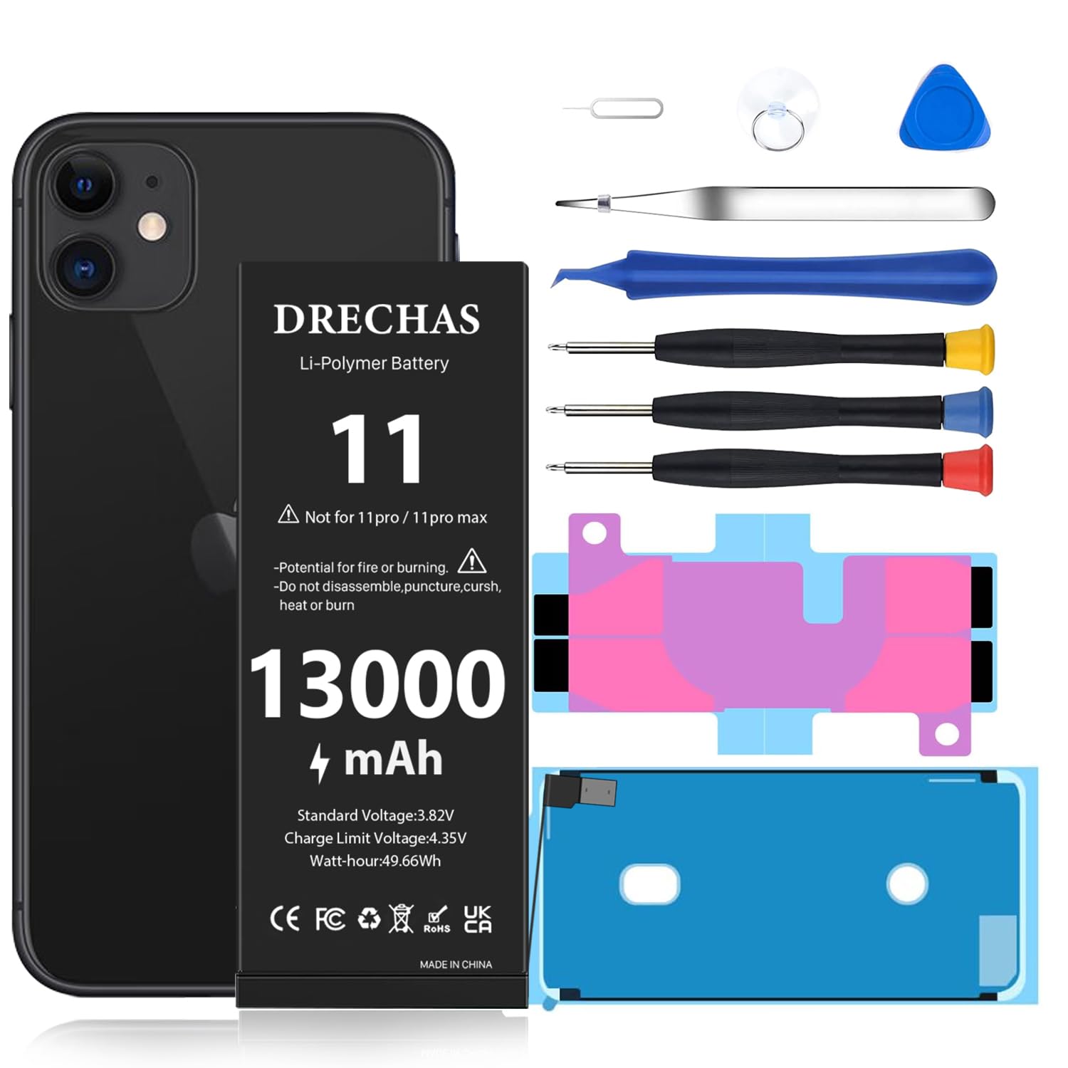 [13000mAh] Battery for iPhone 11, Upgraded High Capacity 0 Cycle Li-Polymer Replacement Battery for iPhone 11 Models A2111, A2221, A2223 with Complete Professional Repair Tool Kit