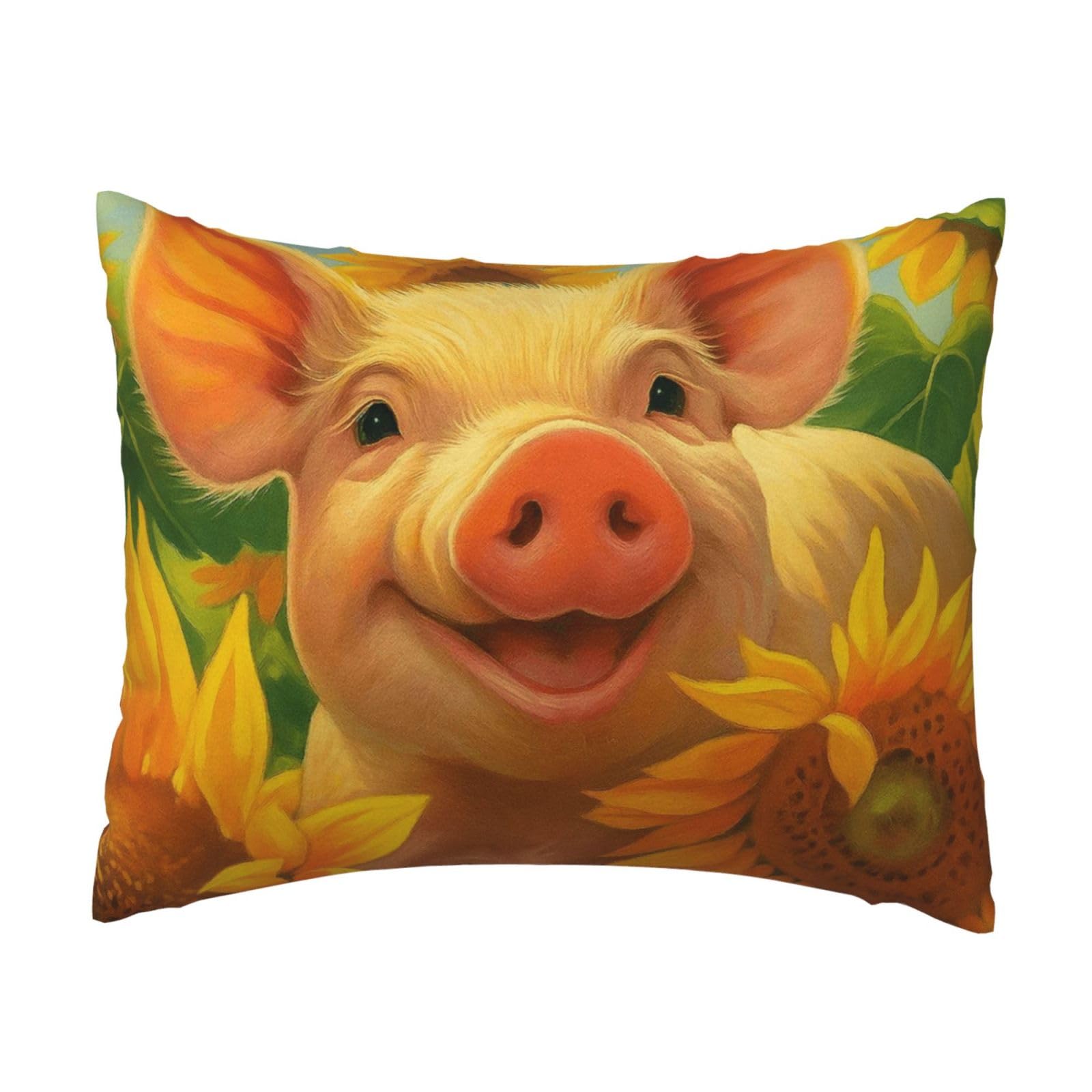 Pig and Sunflower at Sunny Pillowcase Soft Plush with Zipper Decorative Pillowcovers 16x20 in