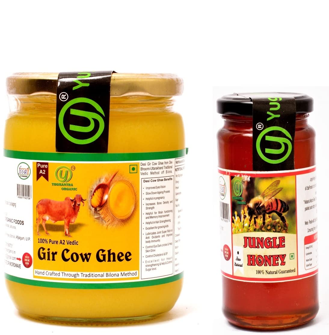 Yugmantra Organic Foods Pure Natural A2 Milk Shudh Desi Gir Cow's Ghee -500 Ml + Raw Honey 350 GMS Combo Set