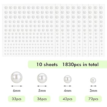 VEGCOO 2200 PCS Self Adhesive Pearl Stickers, White Stick On Pearls, Flat Back Self-Adhesive Pearl Sticker Sheets For Hair Face Makeup Nail Phone Art DIY, Assorted Size (3mm/4mm/5mm/6mm