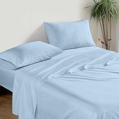 Miniatura 2 de Juego de sábanas de 800 hilos de 4 piezas, 100% algodón egipcio, súper suave y transpirable, ropa de cama tamaño King, color azul claro, tejido