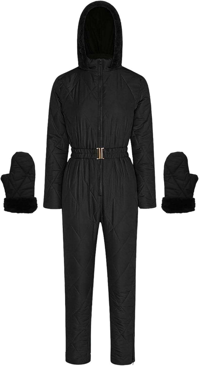 Freebily Women's One-piece Ski Suit Windproof Hooded Padded Snowsuit With Belt And Warm Gloves Set