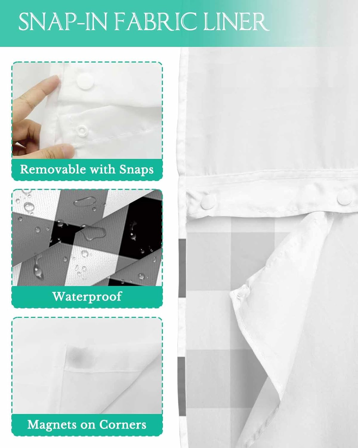 No Hook Shower Curtain with Snap in Liner Set,Modern Minimalist Buffalo Checker Waterproof Fabric Shower Curtains Black and White Lattice Double Layer Bath Curtain for Bathroom,36Wx72L