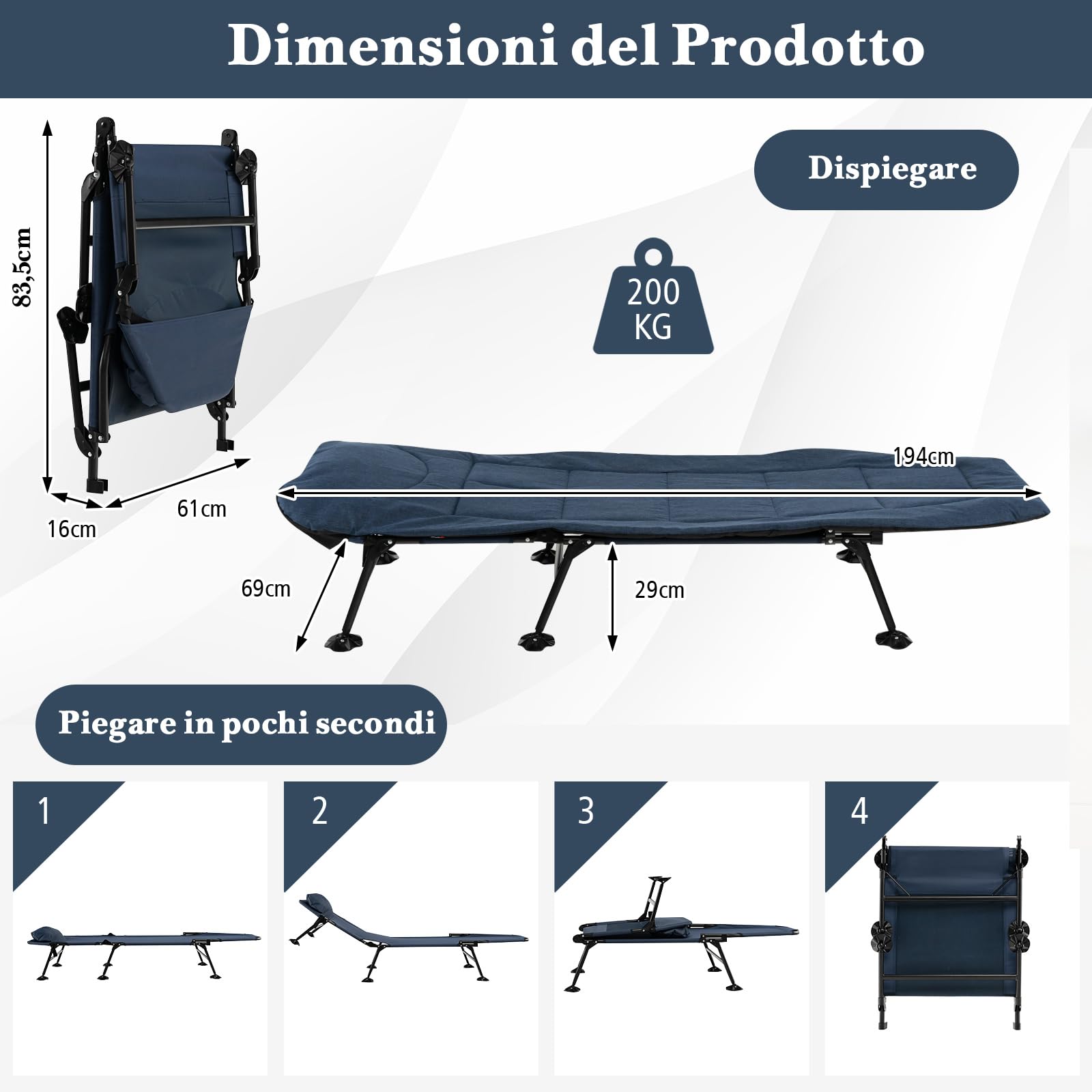 COSTWAY Brandina da Campeggio Pieghevole con Materasso Rimovibile, Poggiatesta, Schienale Regolabile in 6 Posizioni e Copripiedi Girevole a 360°, per Campeggio, Ufficio e Ospiti (Blu)