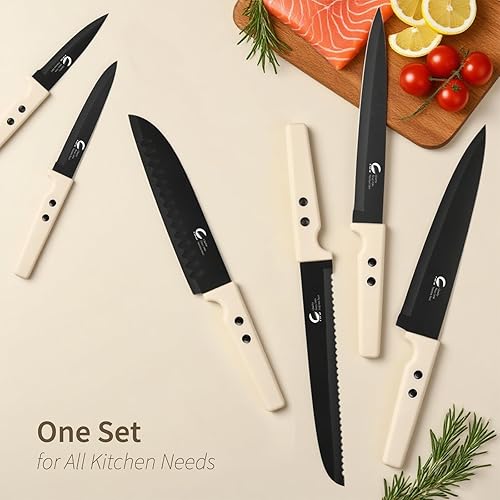 Miniatura 5 de Juego de cuchillos de cocina de 12 piezas, con revestimiento antiadherente con 6 protectores de cuchilla, remaches dobles, apto para lavavajillas,