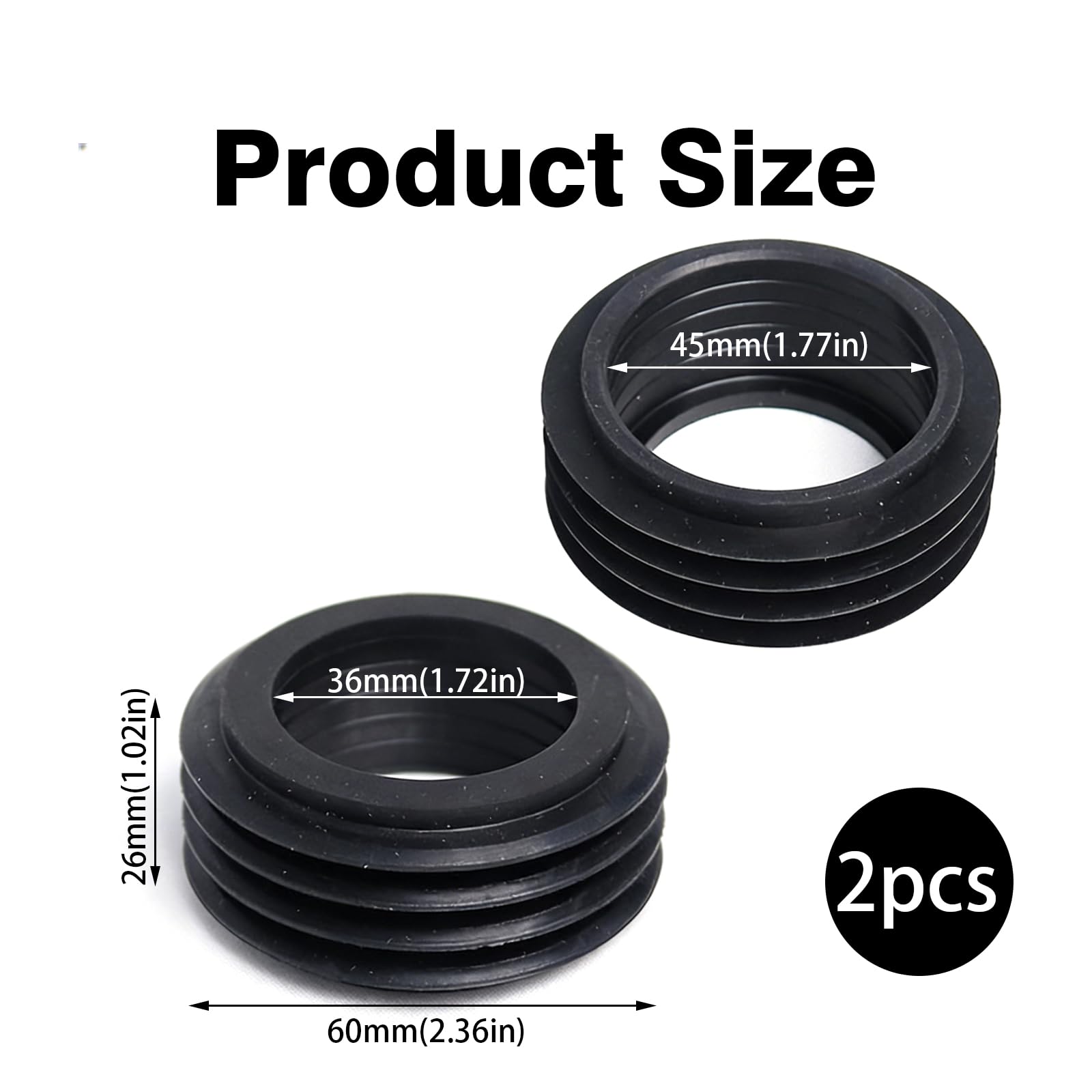 Conector de Tubo de Desagüe para Inodoro - Manguito de Goma para Cisterna, Diámetro Exterior 60 mm, Diámetro Interior 36-45 mm, Altura 25 mm - Sellado Duradero para WC
