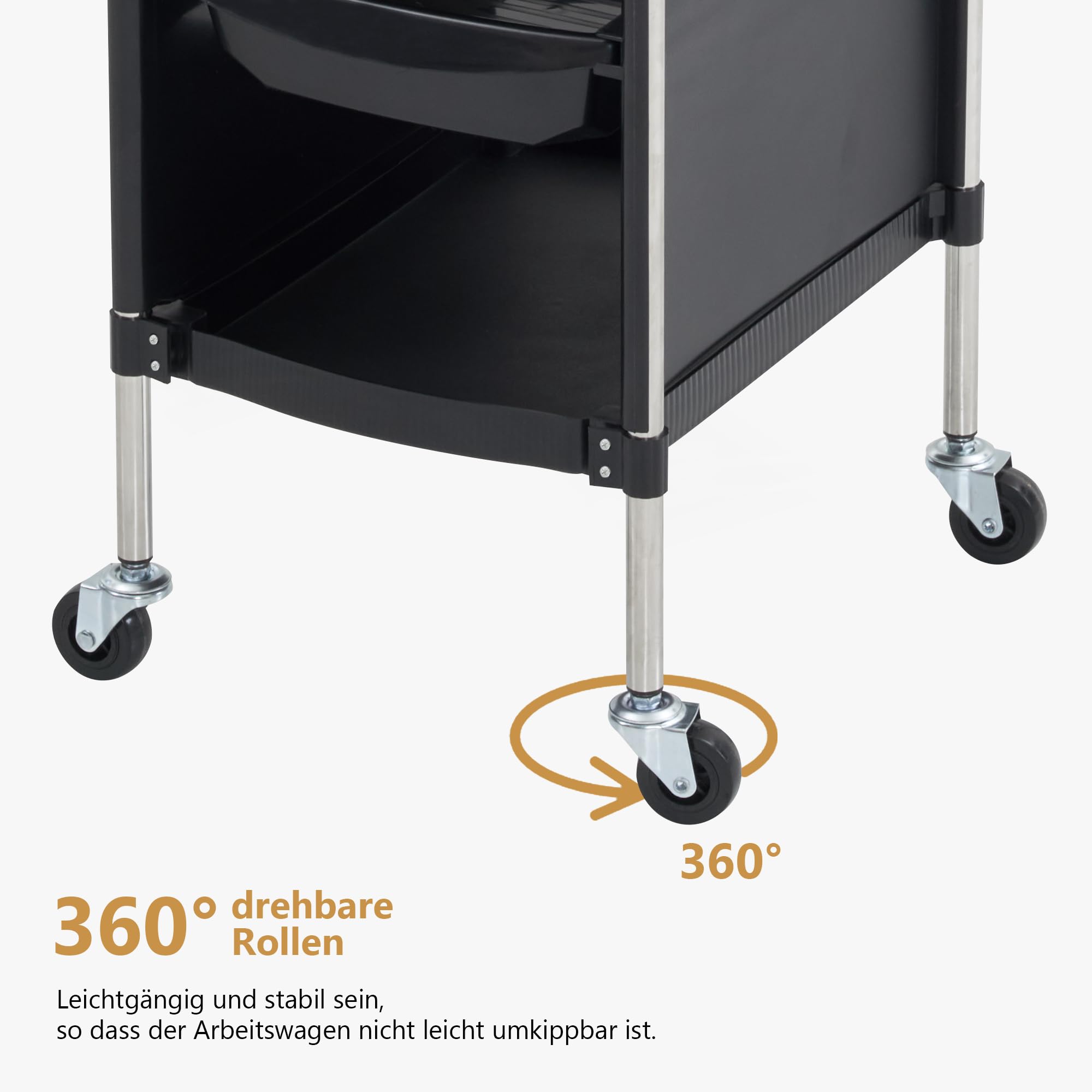 Barberpub Friseurwagen mit 4 Schubladen und Rollen, Drehbar, 36 x 52,5 x 84,5 cm, Schwarz