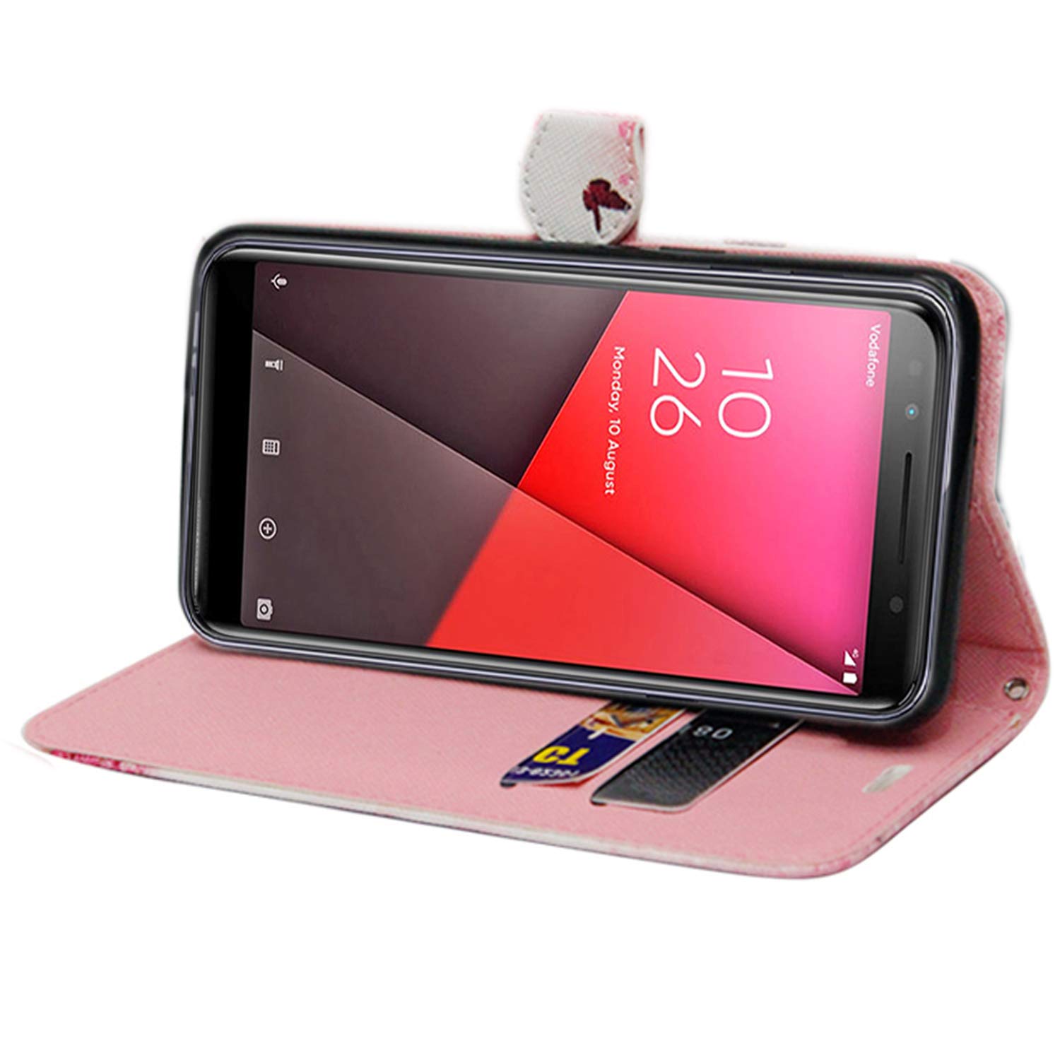 Tasca con Cerniera Custodia a portafoglio per Vodafone Smart N12 Flip Cover con chiusura magnetica,tasca con cerniera 7 scomparti per carte di credito Cinturino da Polso Goffrato Fiore Cover Marrone