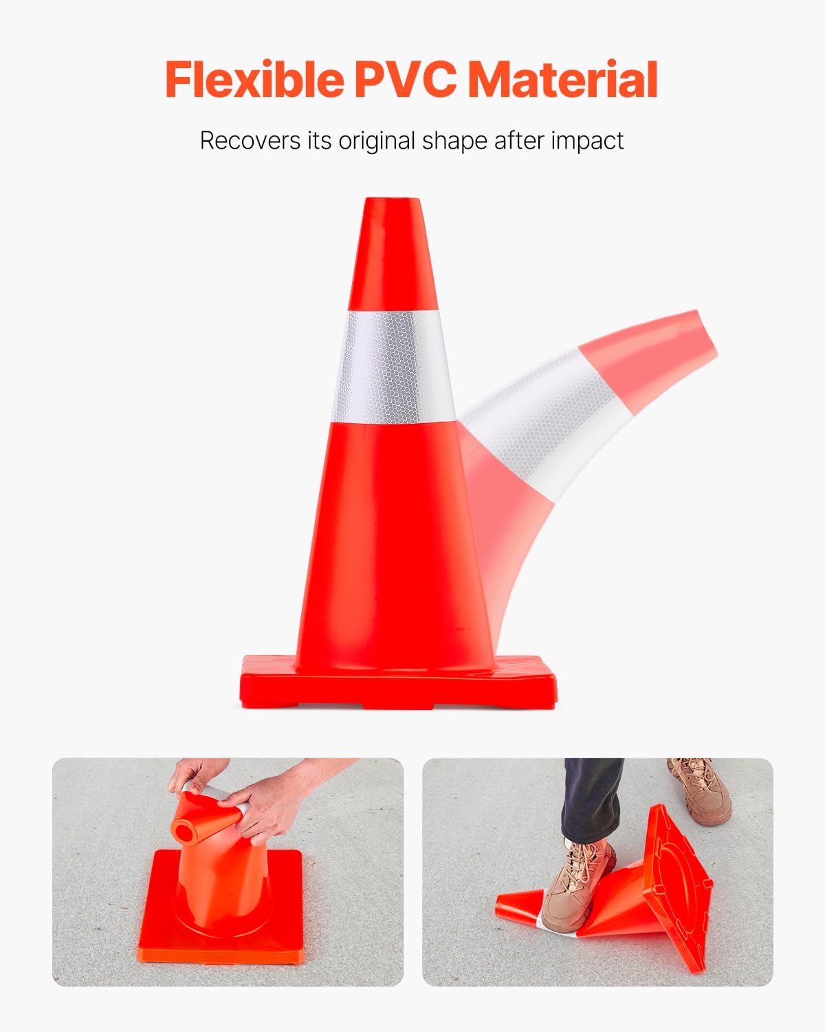 VEVOR Cono de Tráfico 12 Piezas 45,7 cm Pedestal de Obra de PVC Cono de Seguridad con Base Pesada y Collar Reflectante para Demarcación de Estacionamiento de Emergencia en Estacionamiento Carretera