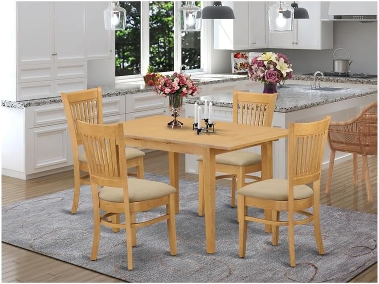 HomeStock 5-Piece Rectangular Kitchen Table Set, Oak Finish, 32" x 54" Table with 12-Inch Self-Storing Leaf, 4 Chairs with Microfiber Seats, 140 lbs