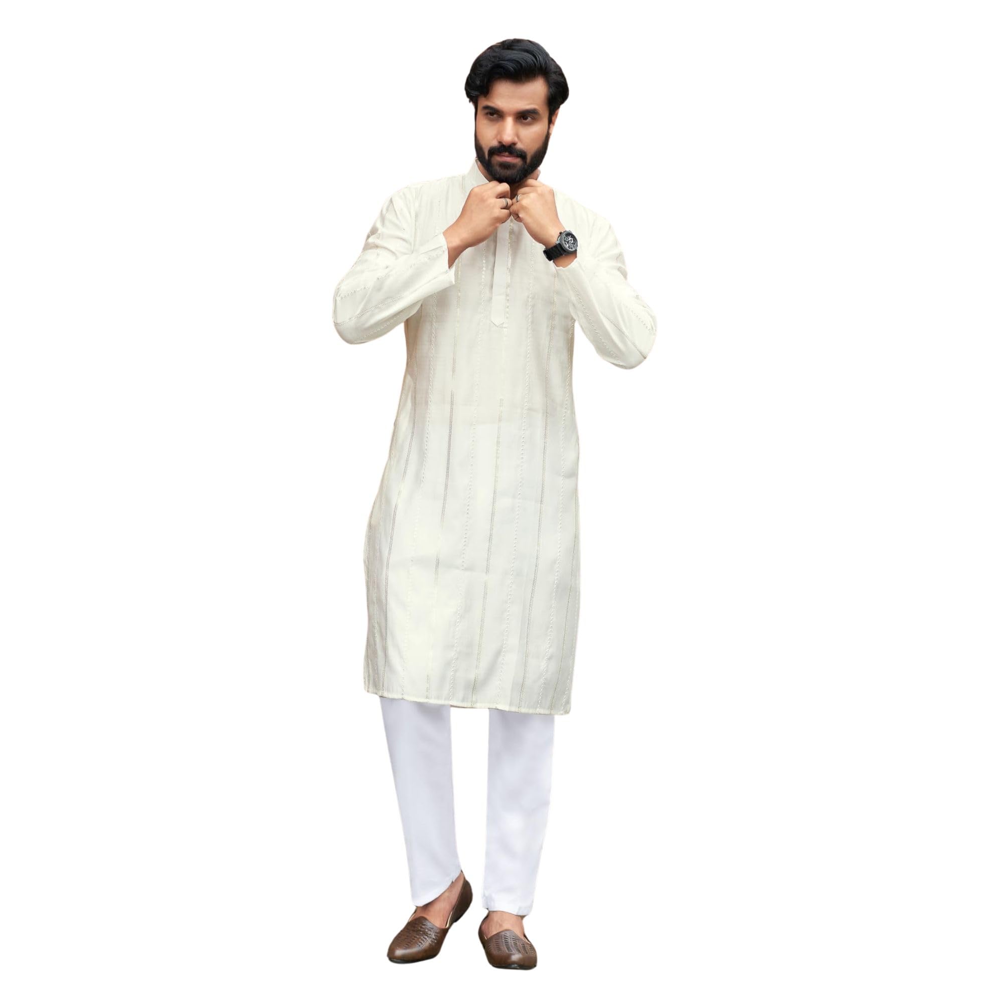 Bonkers Corner Menâ€™s Silk Blend Kurta Set with Vertical Sequin Embroidery â€“ Perfect for Weddings & Celebrations Regular Fit Kurta Pajama â€“ Casual & Festive Ethnic Wear in neutral