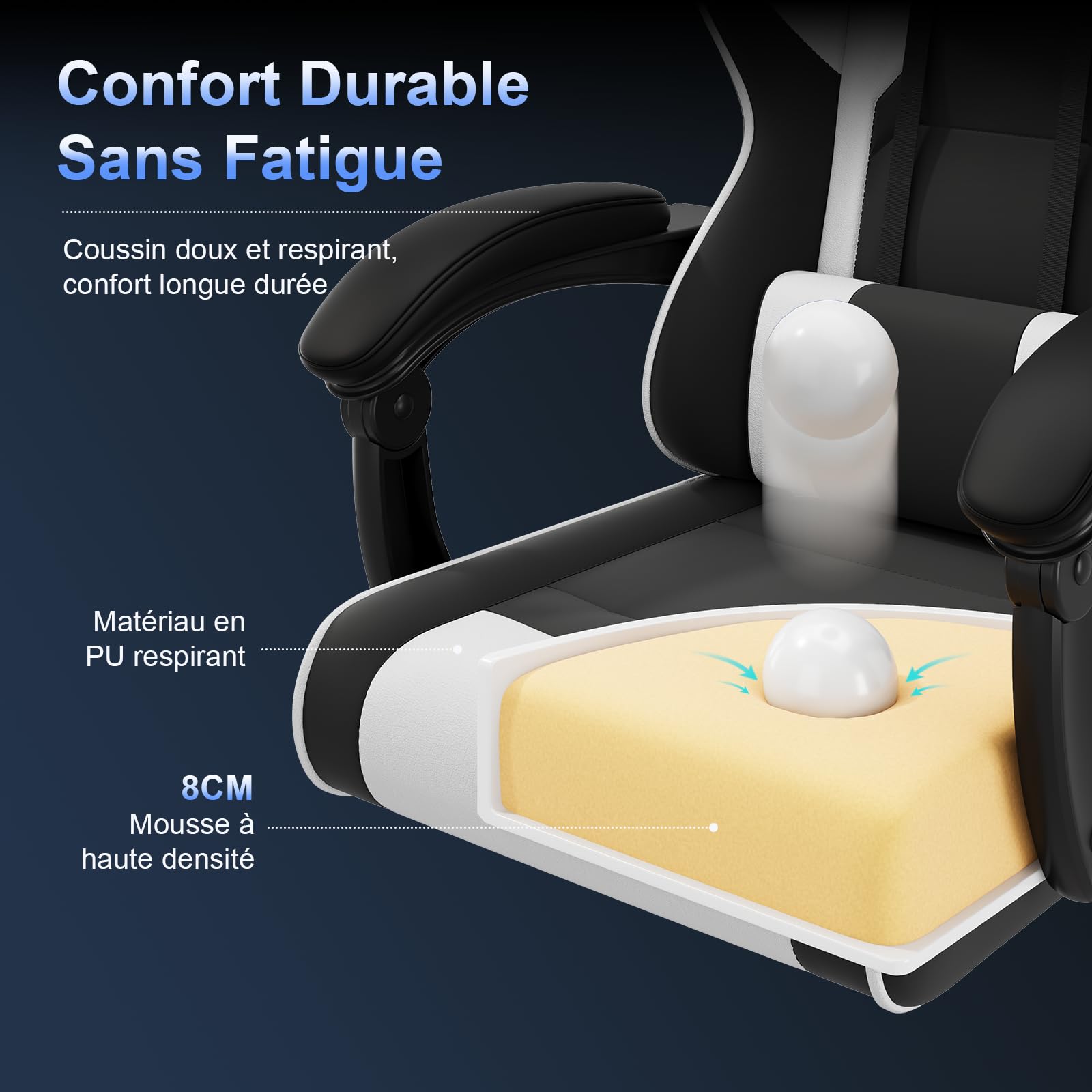 JUMMICO Chaise Gaming avec Massage Lombaire, Chaise Bureau Ergonomique avec Dossier Inclinable, Fauteuil Gaming avec Assise Douce et Résistante, Idéale pour Jeux et Boulot, Blanc