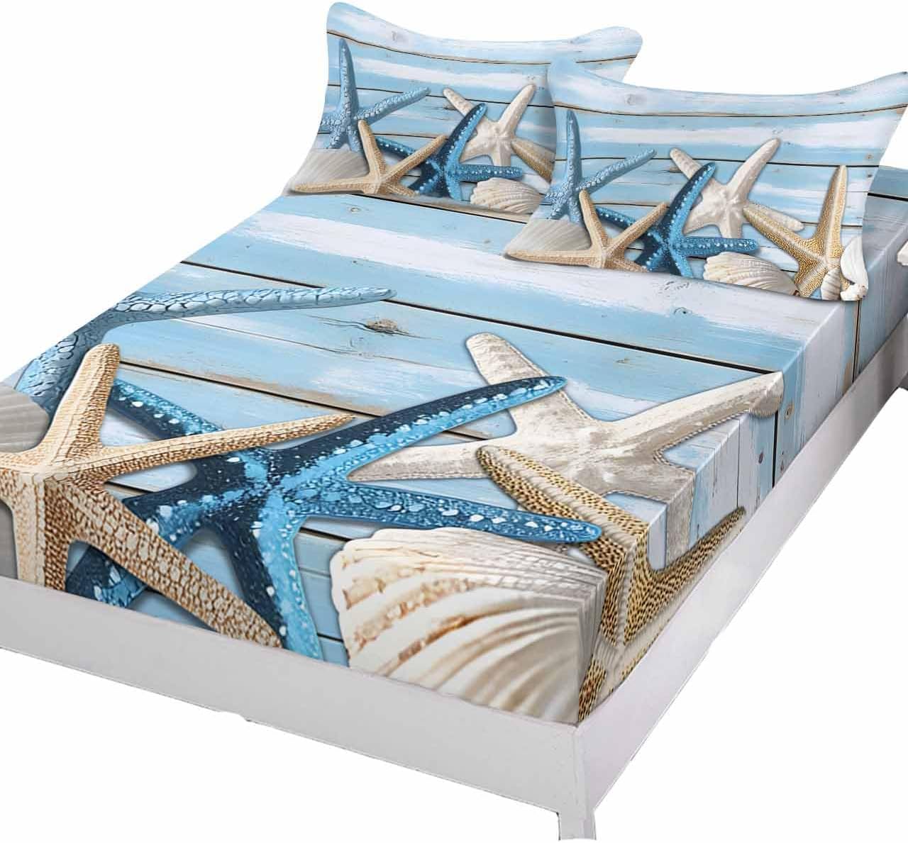 Coastal Ocean Beach Starfish Shell Fitted Bed Sheets Queen Size Fit 5-16inch Deep Pockets,Luxury Bottom Sheet Bedding Set with Pillow Case,Farmhouse Blue Ombre Wood Fitted Sheet for Mattress