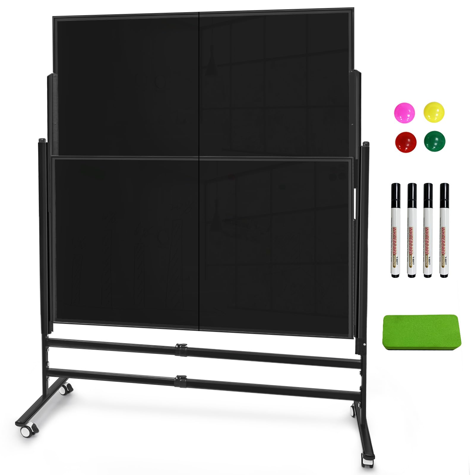72x60 Inch Large Rolling Chalkboard | Height Adjustable Double-Sided Magnetic Blackboard on Wheels | for Classroom, Home & Office Use