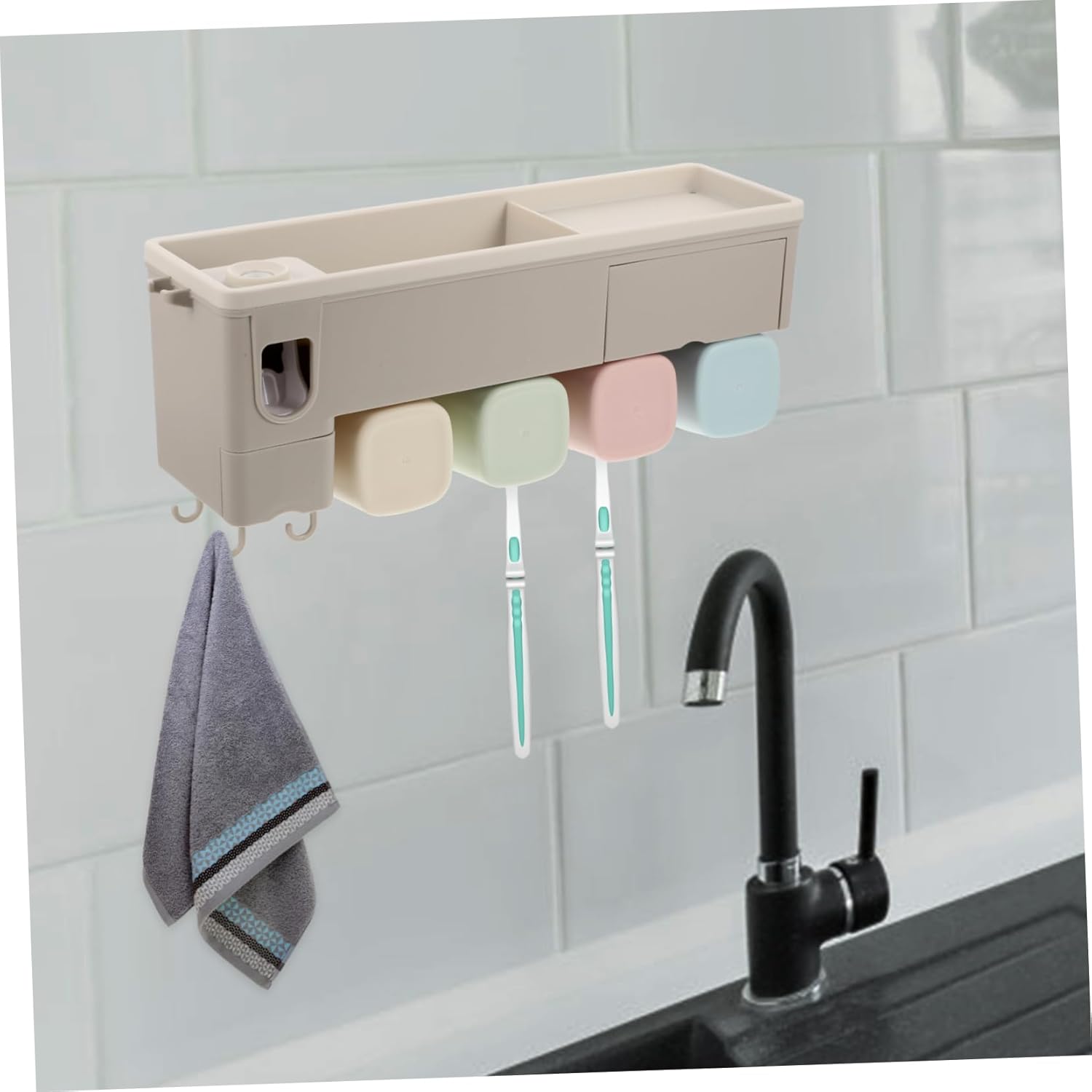 Automatic Toothpaste Dispenser and Toothbrush Holder Wall Mounted Bathroom Organizer Capacity Storage Rack for Home Easy Installation Nail Design Grey Color