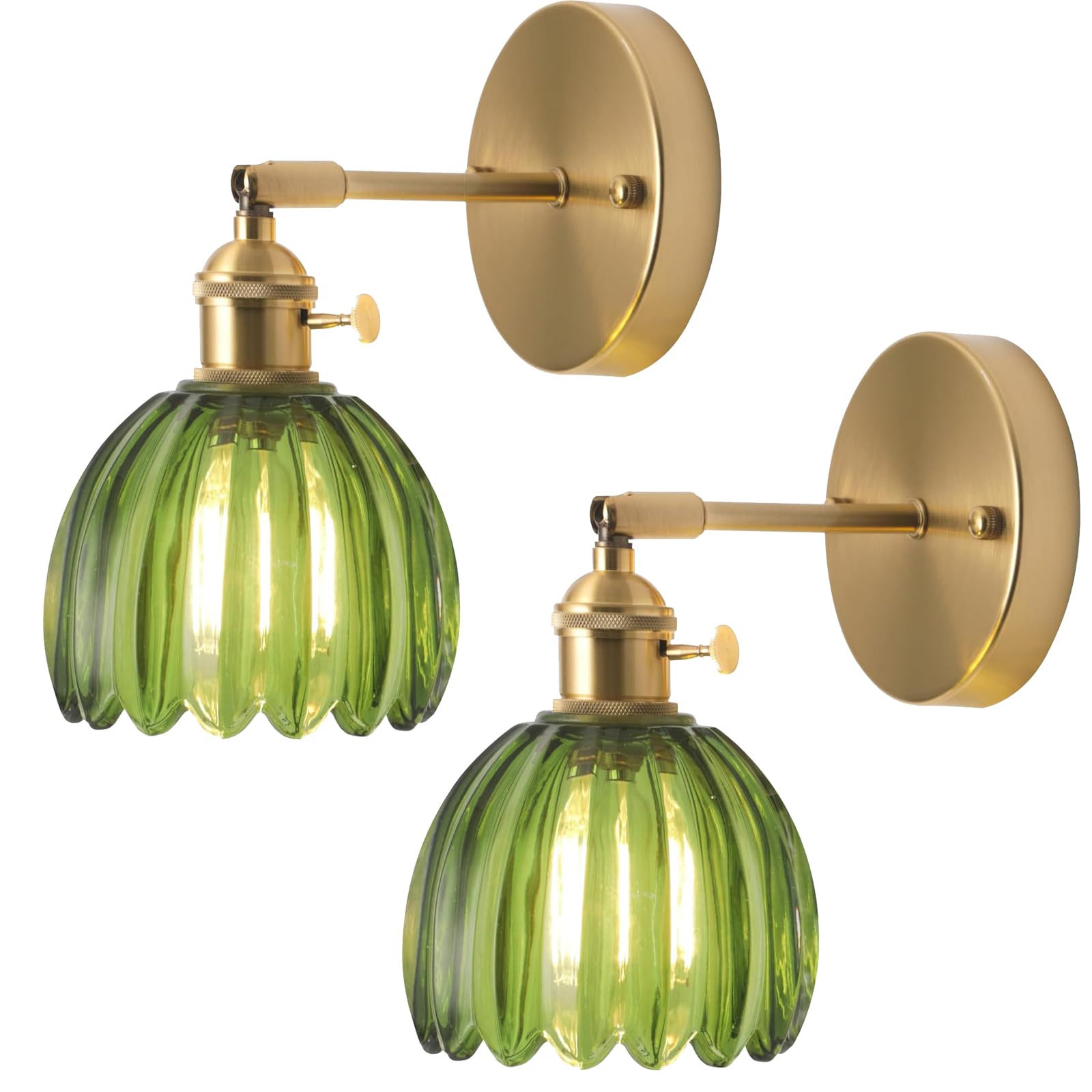 Lote de 2 lámparas de pared de cristal verde, lámpara de pared interior con interruptor E27 vintage cuarto de baño, lámpara de pared para dormitorio, sala de estar, cocina