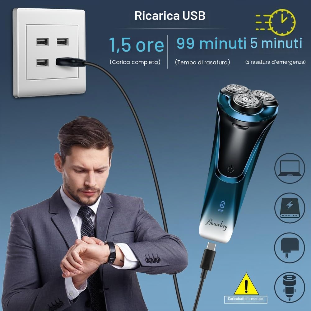 Rasoio Elettrico Wet & Dry a 3 Lame di Ricambio, Rasoio Elettrico Barba Uomo Ricaricabile Rasoio Barba Impermeabile Display LED, Lame Flessibili, Custodia da Viaggio
