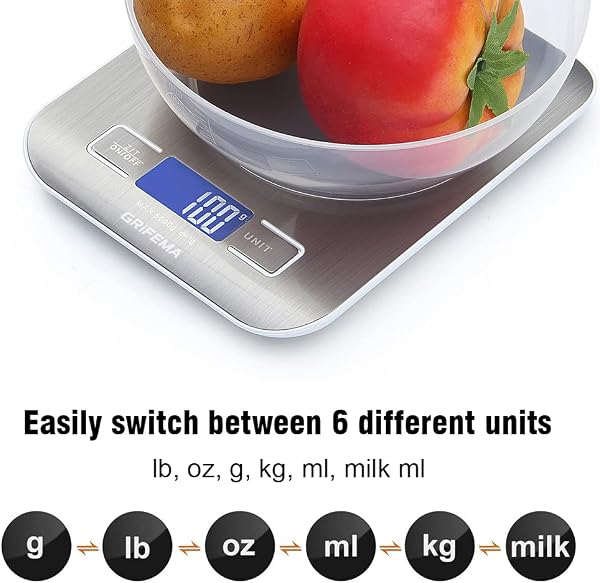 GRIFEMA GA2002 Balance de Cuisine Électronique de Haute Précision 5000g/1g avec Écran LCD Rétroéclairé, 6 Unités et Fonction Tare Acier Inoxydable, Smart Digital, pour Alimentaire Multifonctionnel - 3
