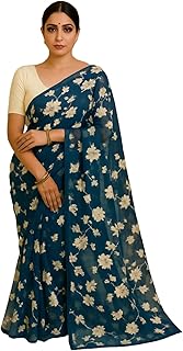 Printed Georgette Saree with Bangalore Silk Blouse | Elegant Blue & White Saree for Women | Lightweight Saree with Soft Fabric and Contrast Plain Silk Blouse Piece - 68% OFF Deal at ₹999 on Amazon | Valzo