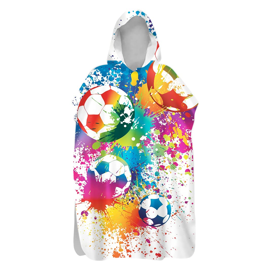 FANSU Beach Towel Hooded Poncho, Light Weight Microfiber Changing Bath Robe Quick Dry Poncho with Hood for Surfing Swimming Wetsuit Changing Adult Woman & Man (Splash ink football,80x145cm)