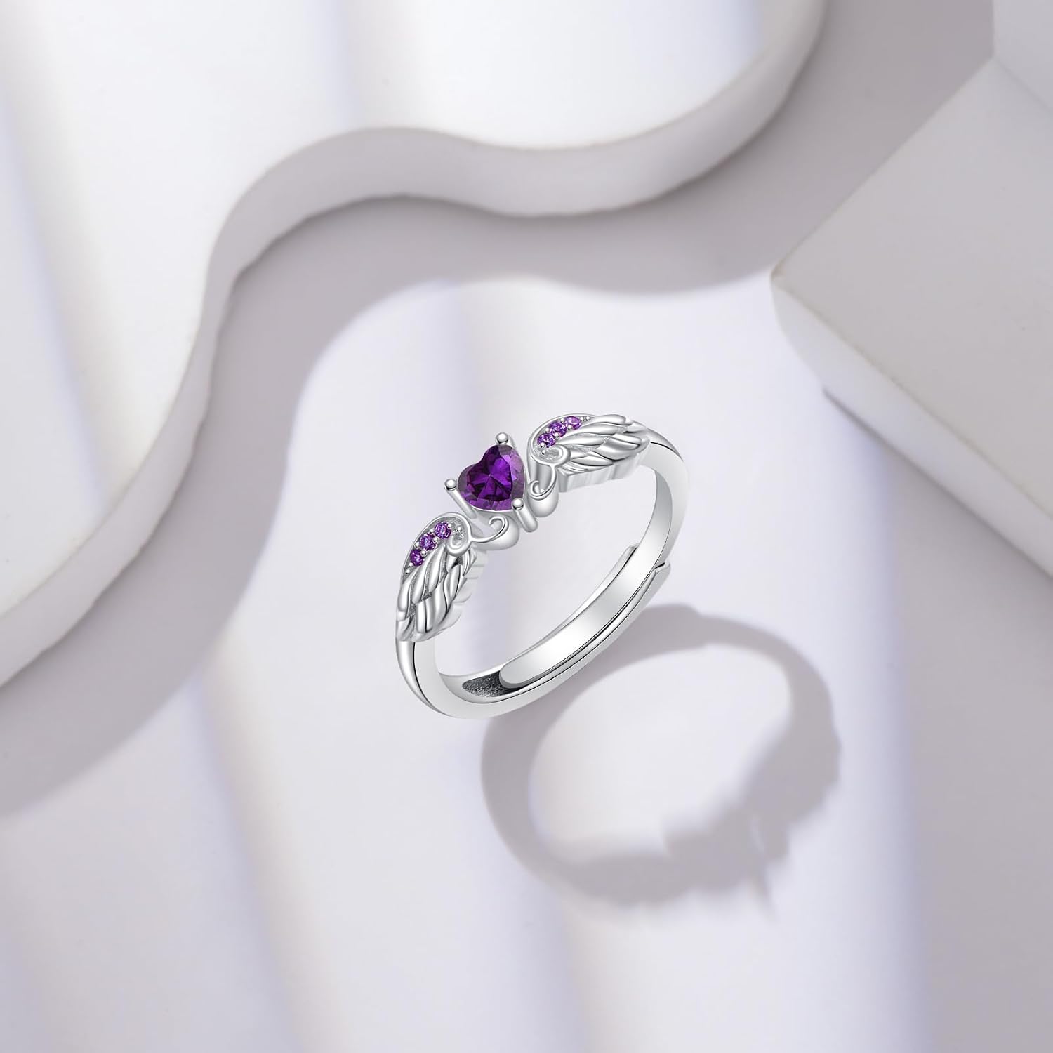 Angel Promise Ring 925 Sterling Silver Angel Wing Heart Ring for Women Angel Memorial Ring with Heart Birthstone Promise Ring Adjustable Size 7