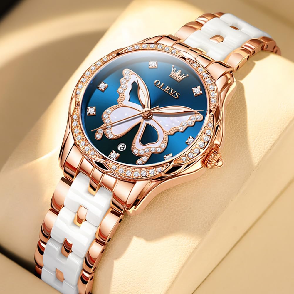 OLEVS Watches for Women Rose Gold Two Tone Fashion White Ceramic Ladies Wrist Watches Pink/Red Dial Stainless Steel Waterproof Date - Image 7