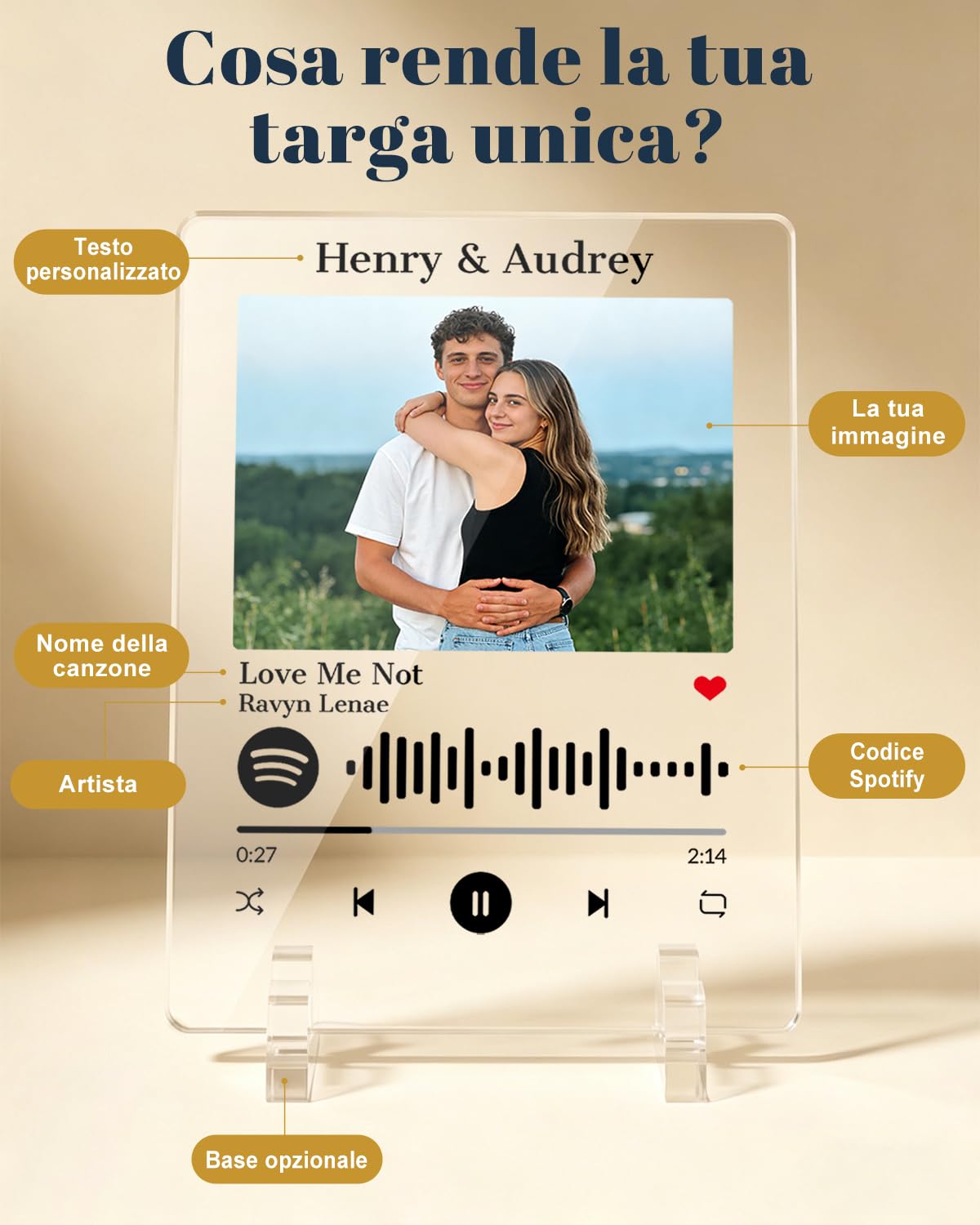 Design Italiano Targa Spotify in Acrilico Cristallino (1cm) Cornice Musicale Artigianale con Foto e Codice Scansionabile - Idea Regalo Esclusiva per Anniversario, San Valentino e Famiglia