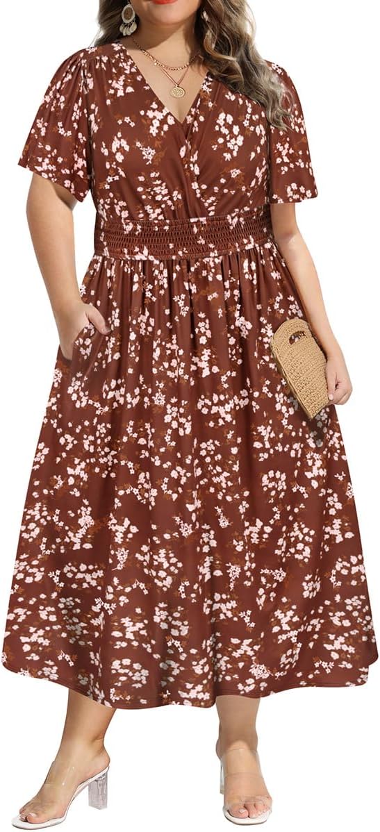 CARCOS Plus Size Dresses for Curvy Women V Neck Summer Maxi Dress Short Sleeve Floral Boho Dress Smocked Waist Beach Dress