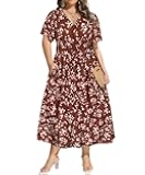 Plus Size Dresses for Curvy Women V Neck Summer Maxi Dress Short Sleeve Floral Boho Dress Smocked Waist Beach Dress