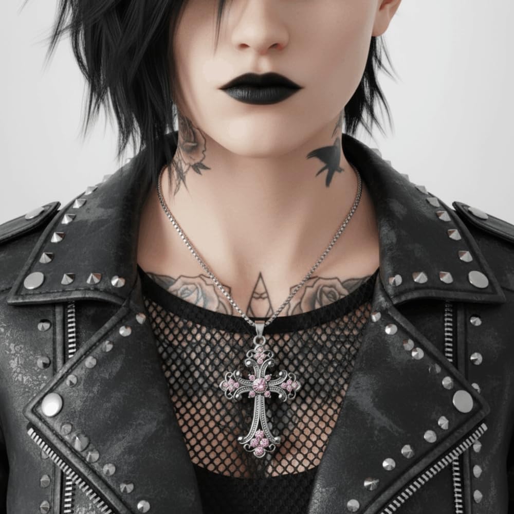 Chunky Gothic Cross Necklace for Women and Men | Large Silver Goth Punk Emo Grunge Pendant Necklace | Y2K Crystal Religious Jewelry for Her