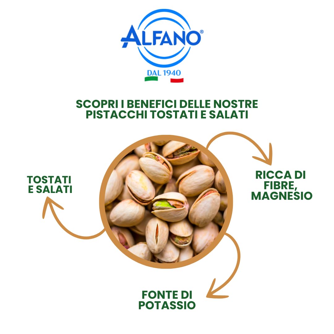 Alfano dal 1940 Pistacchi Salati Tostati 250g Frutta Secca Ricca di Fibre e Magnesio, Fonte di Potassio Ideale come Snack Aperitivo (16 Pezzi)