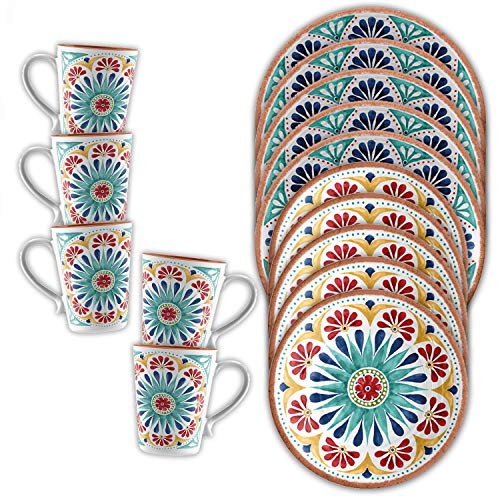 Purely Home Rio Medallion Outdoor/BBQ/Picnic - Plastic/Melamine Dinner & Side Plates & Mugs - Sets (15)