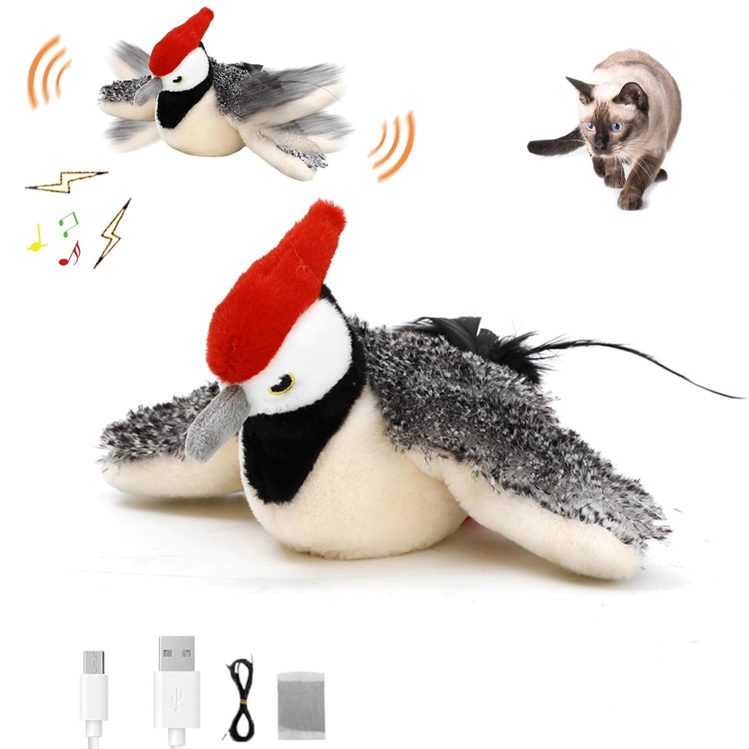 MZINGALL Interactive Cat Toys, Flapping Wings Woodpecker Bird Catnip, Touch Activated, Lifelike Bird Chirp, for Kicking Fluffy Plush Toys for Kitten Cat Exercise