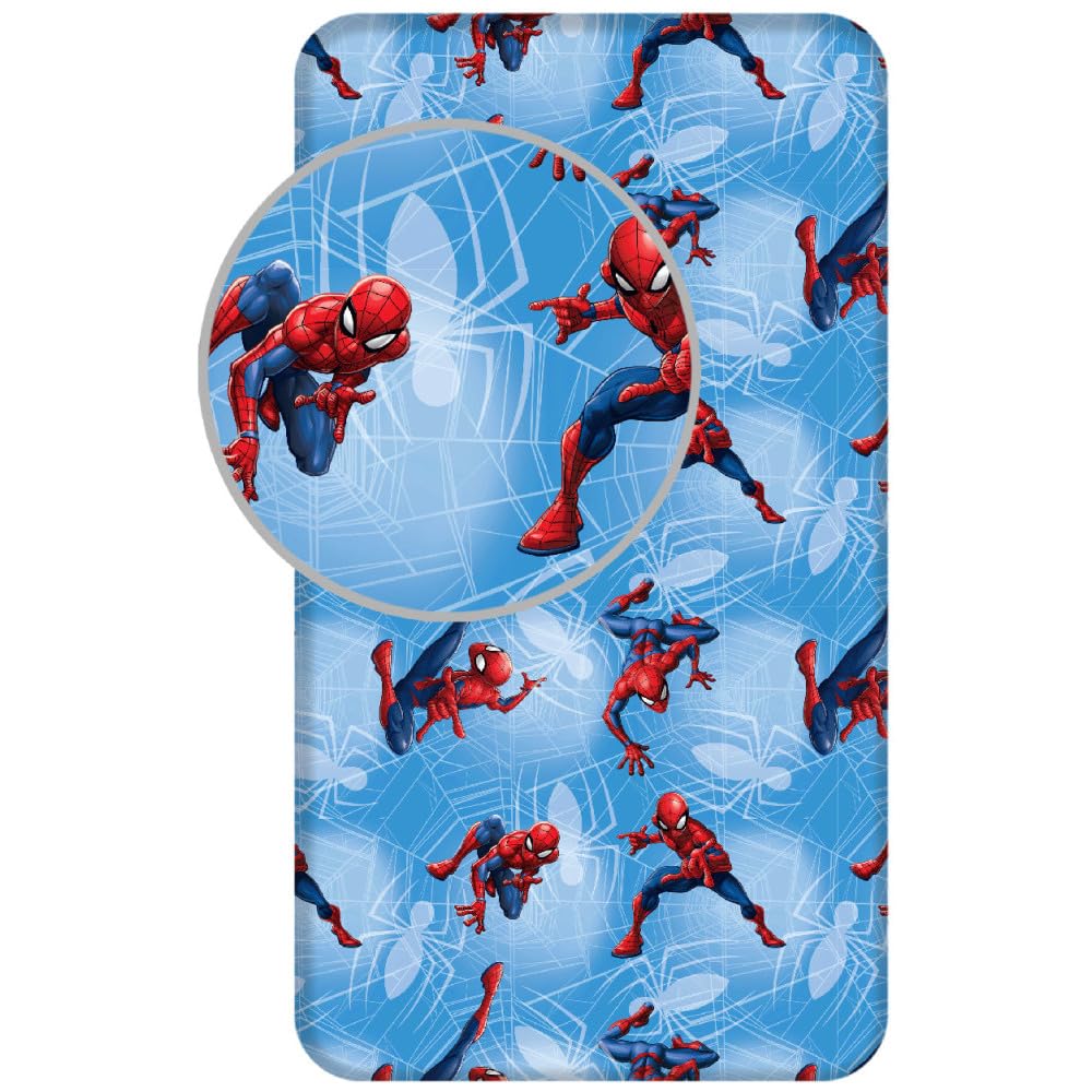 Jerry Fabrics Blue Spiderman Spider Web Kid's Single Fitted Sheet 90 X 200 Cm, 100% Cotton, 90Cm