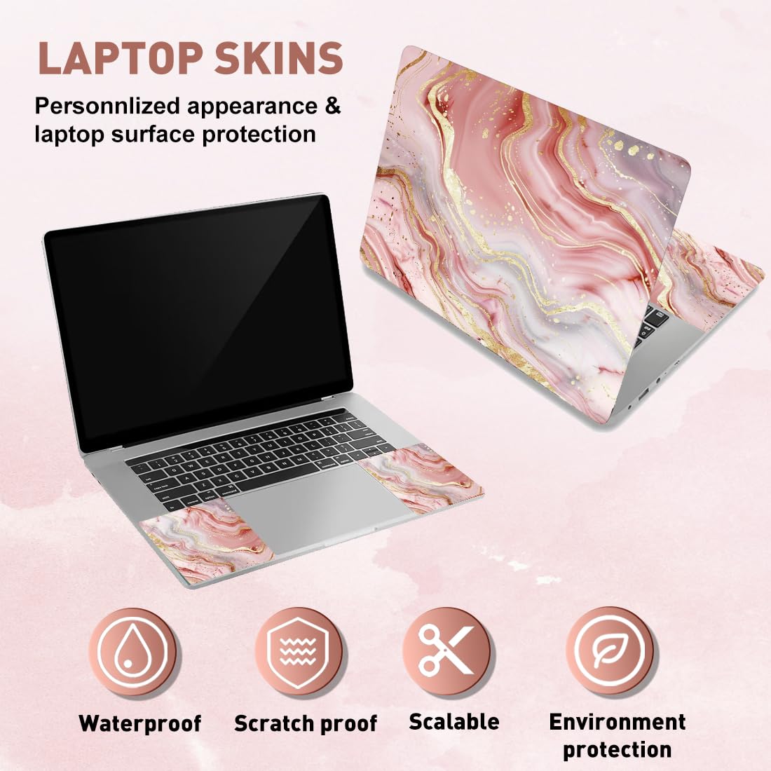 PLIGREAT 3 Pz Laptop Skin Adesivi Decalcomanie in vinile per PC Notebook Laptop Case Protector Films Adesivo decorativo per laptop Impermeabile rimovibile Rosa Marmo Texture Laptop Decalcomanie