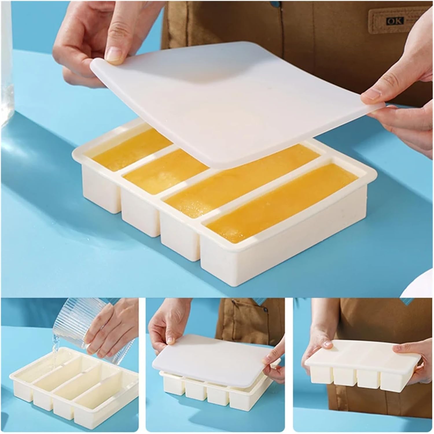 4 Grids Giant Silicone Ice Cubes Mold Long Strip Whiskey Tray Non-toxic Large Barware Cocktail Tools(Upgrade Blue)