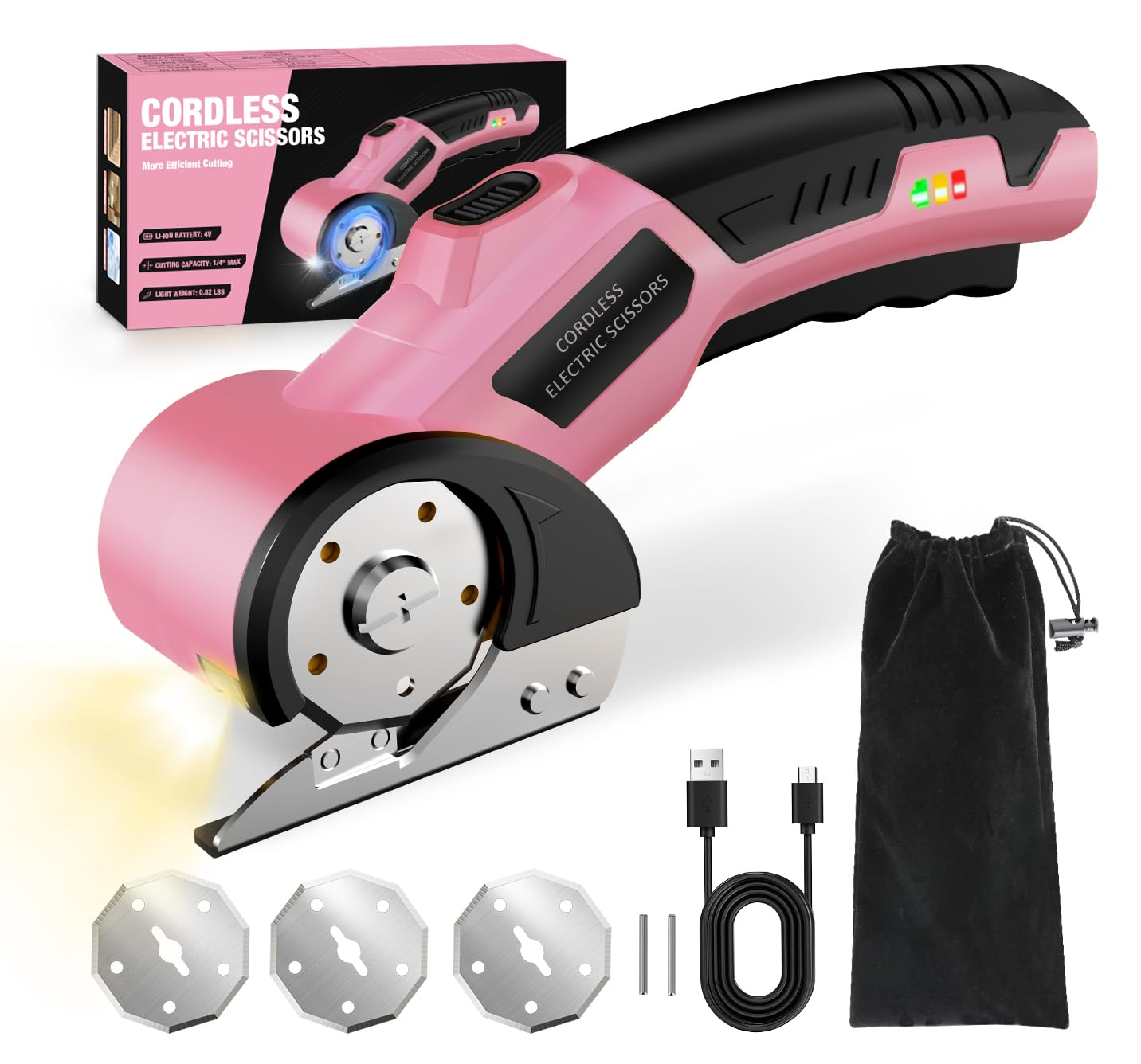 Cordless Electric Scissors,4V Rechargeable Cardboard Cutter Heavy Duty Scissor with Safety Lock &amp; LED Light for Box Carpet Plastic Fabric(Pink)