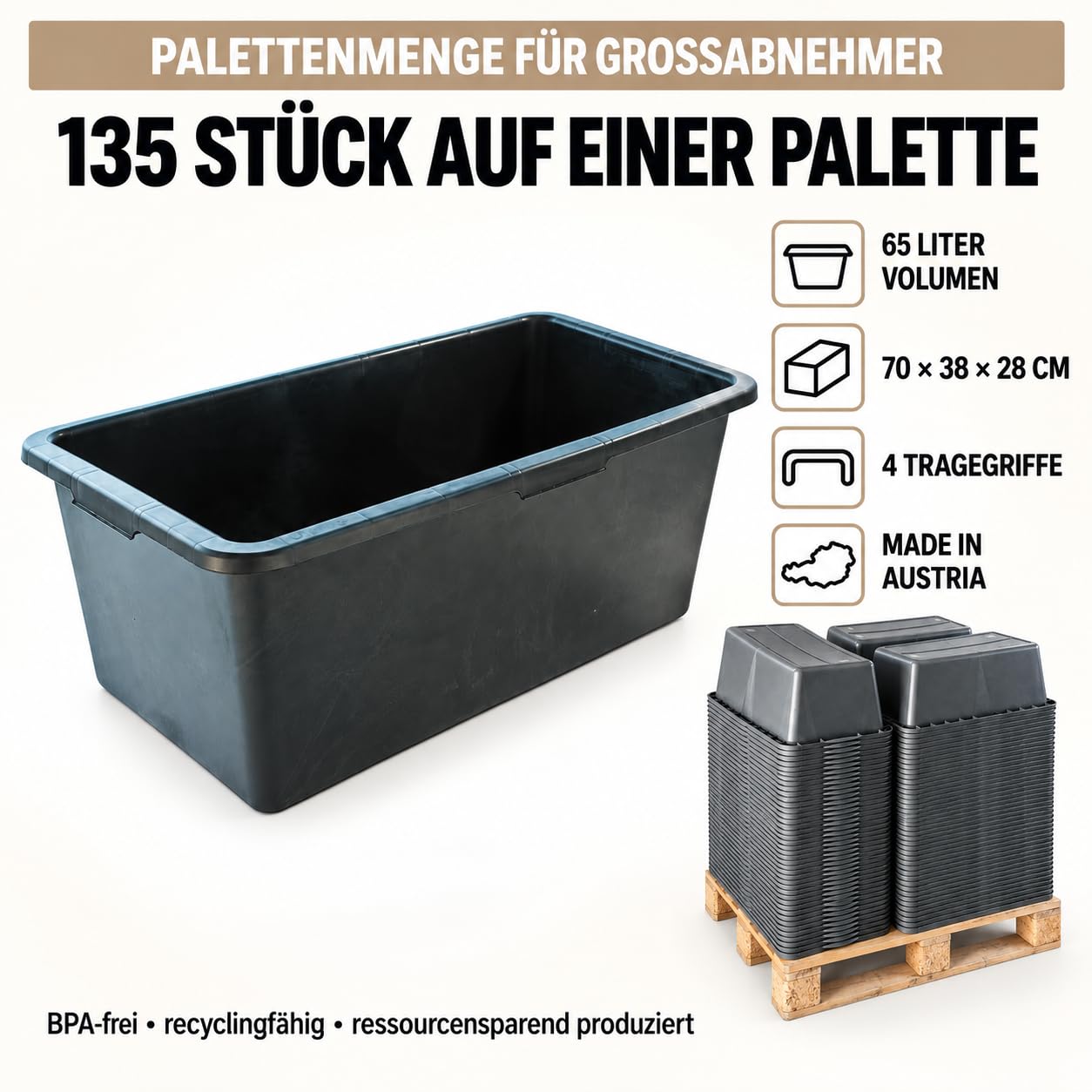 Mörtelwanne 65 L Profi – 135 Stück/Palette, Made in Austria