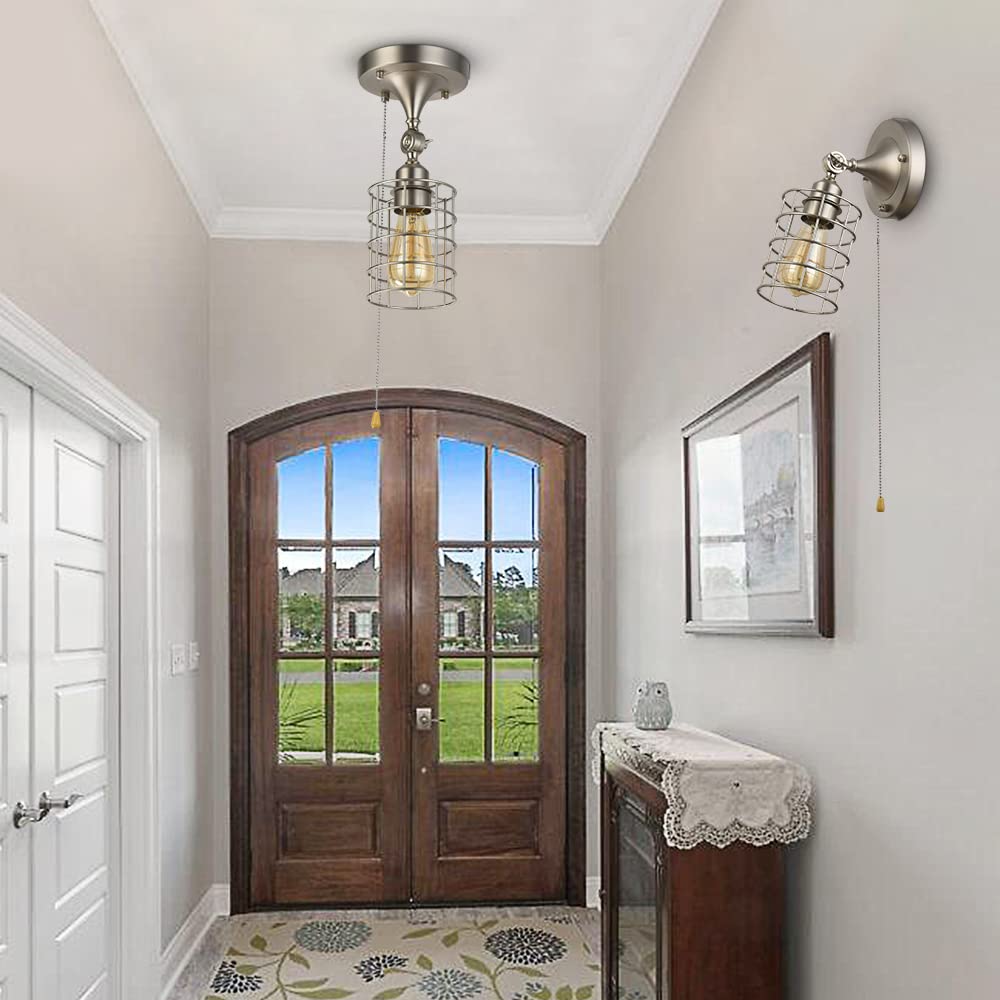 Modern Metal Cage Wall Sconce Light with Pull String, 1-Light Industrial Semi Flush Mount Ceiling Light Fixture Small Pull Chain Nickel Finish Mirror Vanity Lighting Edison E26 19025