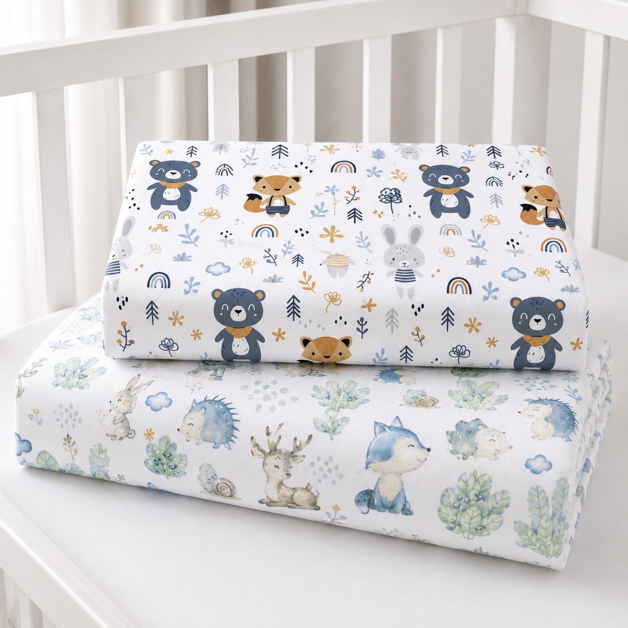 BABYMAM 2 Pack 100% Cotton Printed Fitted Cot Bed Sheets 120x60 cm Soft Breathable Elasticated Baby Cot Sheets Assorted Designs, Wolf in forest & Forest friends