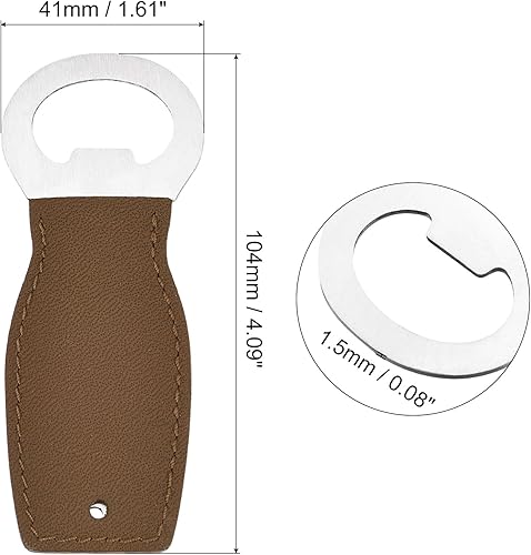 Miniatura 8 de uxcell Abrebotellas, 1 abridor de botellas de cerveza de acero inoxidable de 4 pulgadas con mango de cuero, abridor de cerveza plano para barman