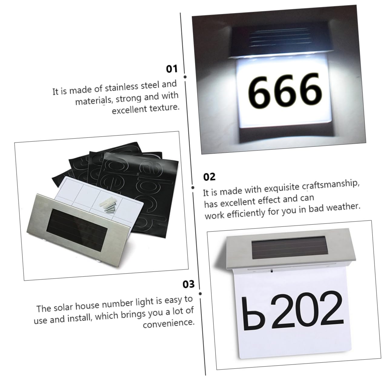 Lampada Solare per Numeri Civici 2 Pezzi con LED Bianco Freddo, Energia Risparmio, Facile da Installare, in Acciaio Inox e Abs, Resistente Ip65 per Uso Esterno Casa