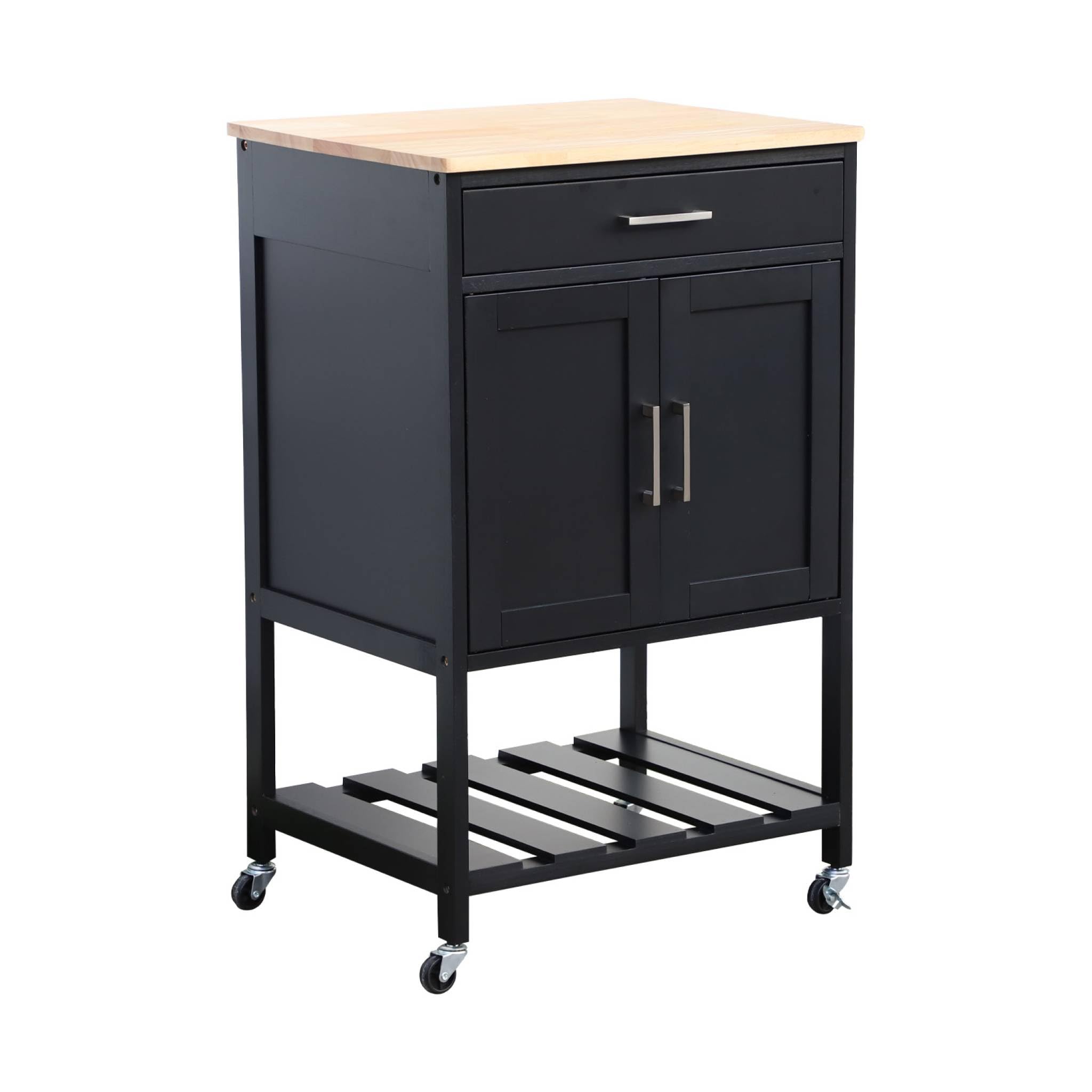 sweeek - Desserte de cuisine noire BENDOR plateau en bois d'hévéa. 56 x 46 x 90 cm. 4 roues. 1 tiroir. 2 étagère. 1 double porte. style contemporain