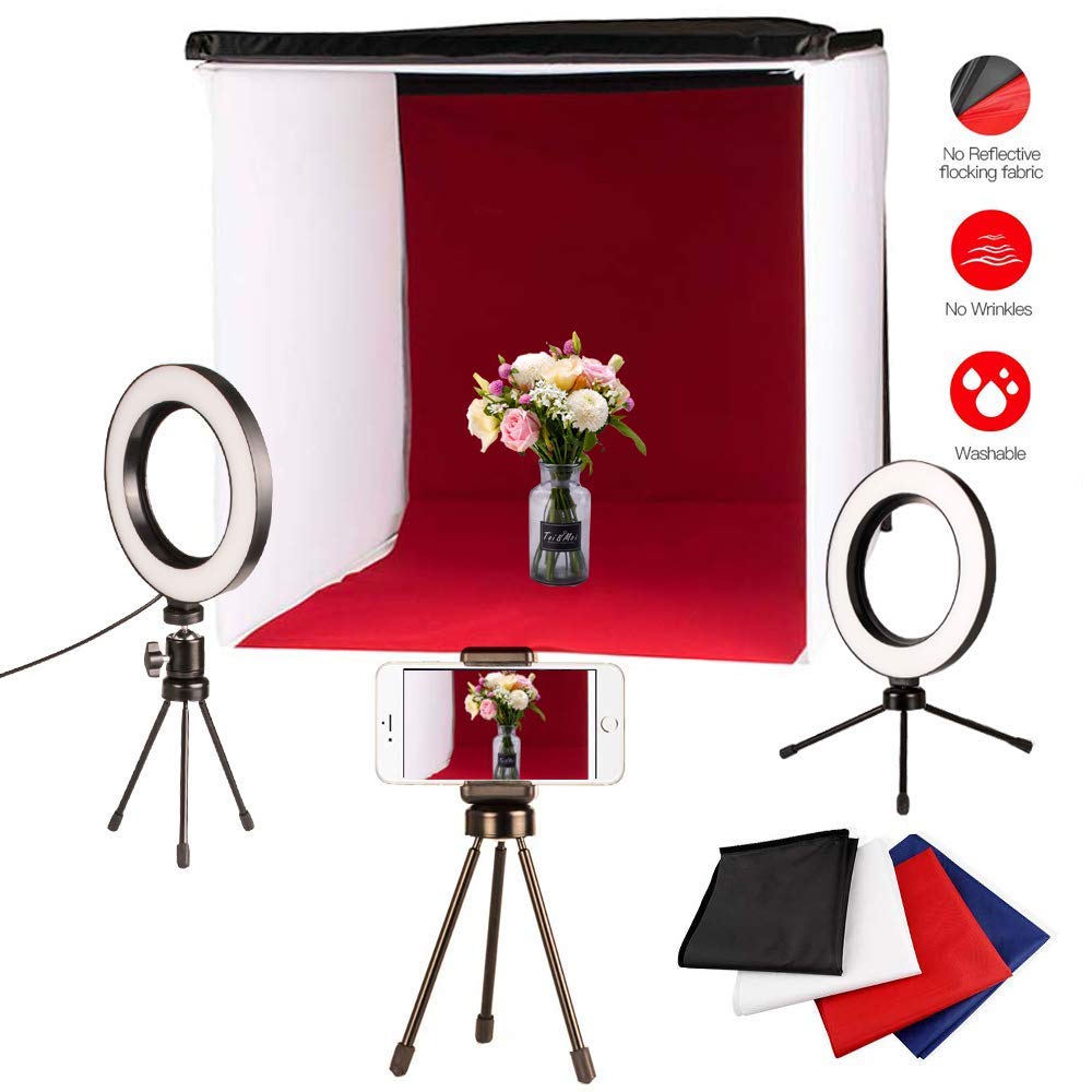 Portable LED Light Box Photography - 40x40cm Photo Studio Foldable Table Top Portable Light Tent with 4 Colors Backdrops, 2 LED Ring Head, 3 Tripod