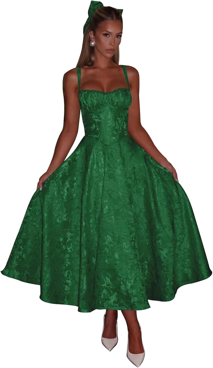 Jacquard Satin Prom Dresses with Bow 2025 Floral A Line Corset Midi Formal Evening Party Gown