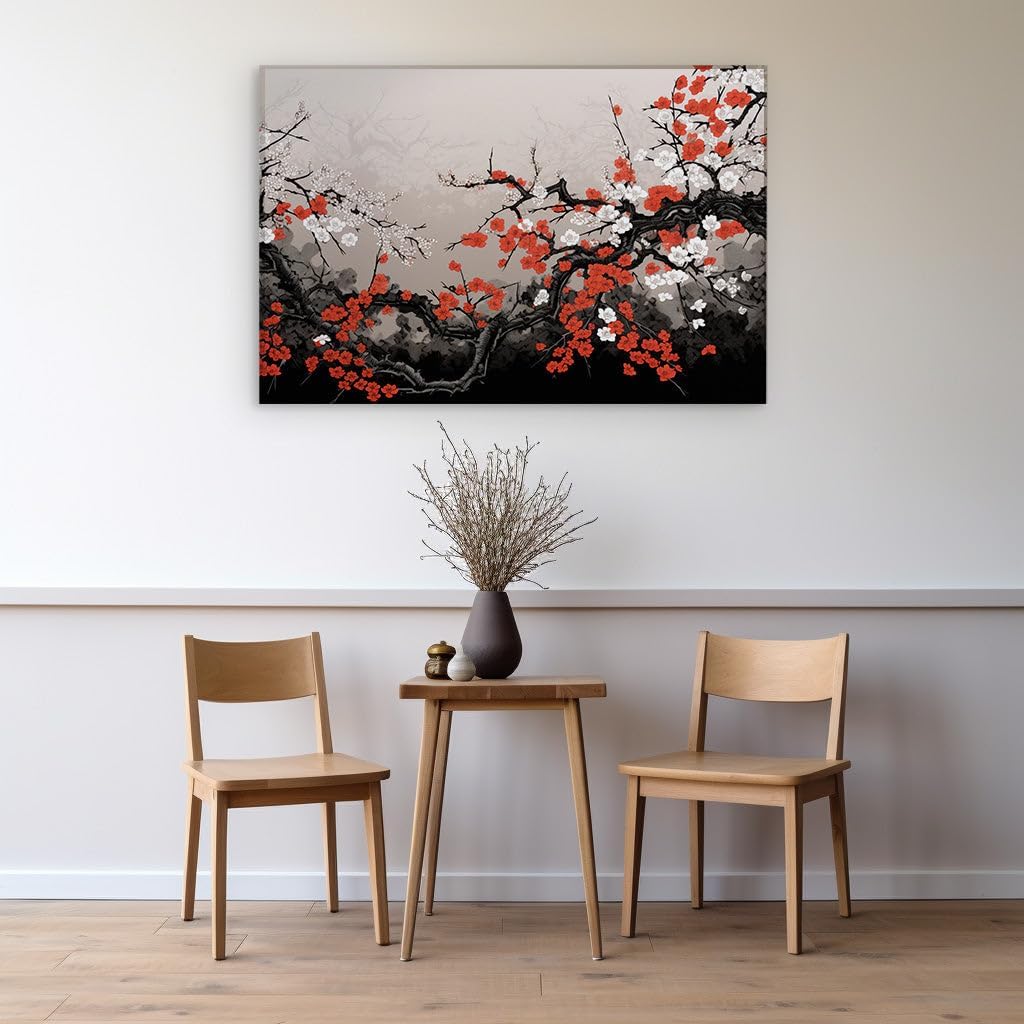 Canvas for Living room. Blossoming Contrast: The Enigmatic Black Tree Adorned in White and Red, 27 x 18 inch Canvas Wall Art - Modern Home Decor - 69x46 cm (27x18 inch)