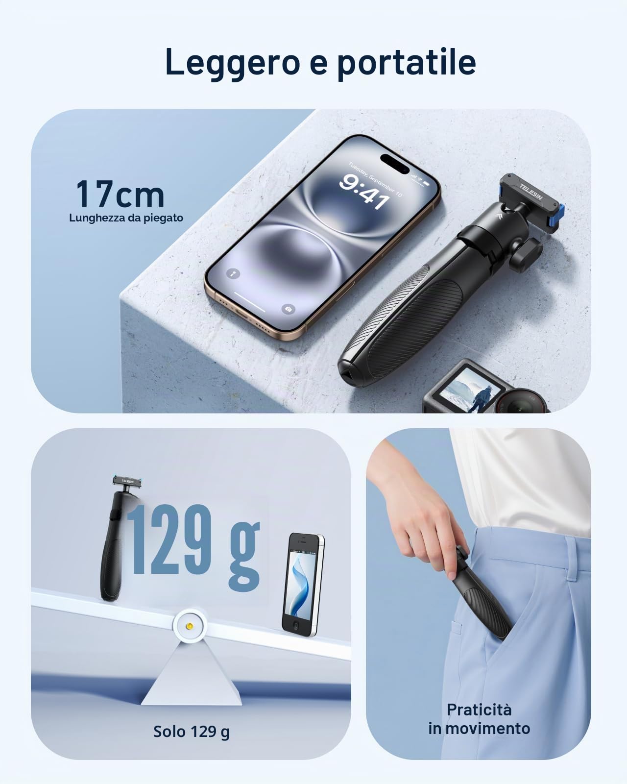TELESIN 40cm Mini Selfie Treppiede, Selfie Treppiede con Magnetica Sgancio Rapido, Portatile Monopiedino Impugnatura per Vlog, Palo Estendibile Regolabile 360° per DJI Osmo Action 5 Pro/4/3